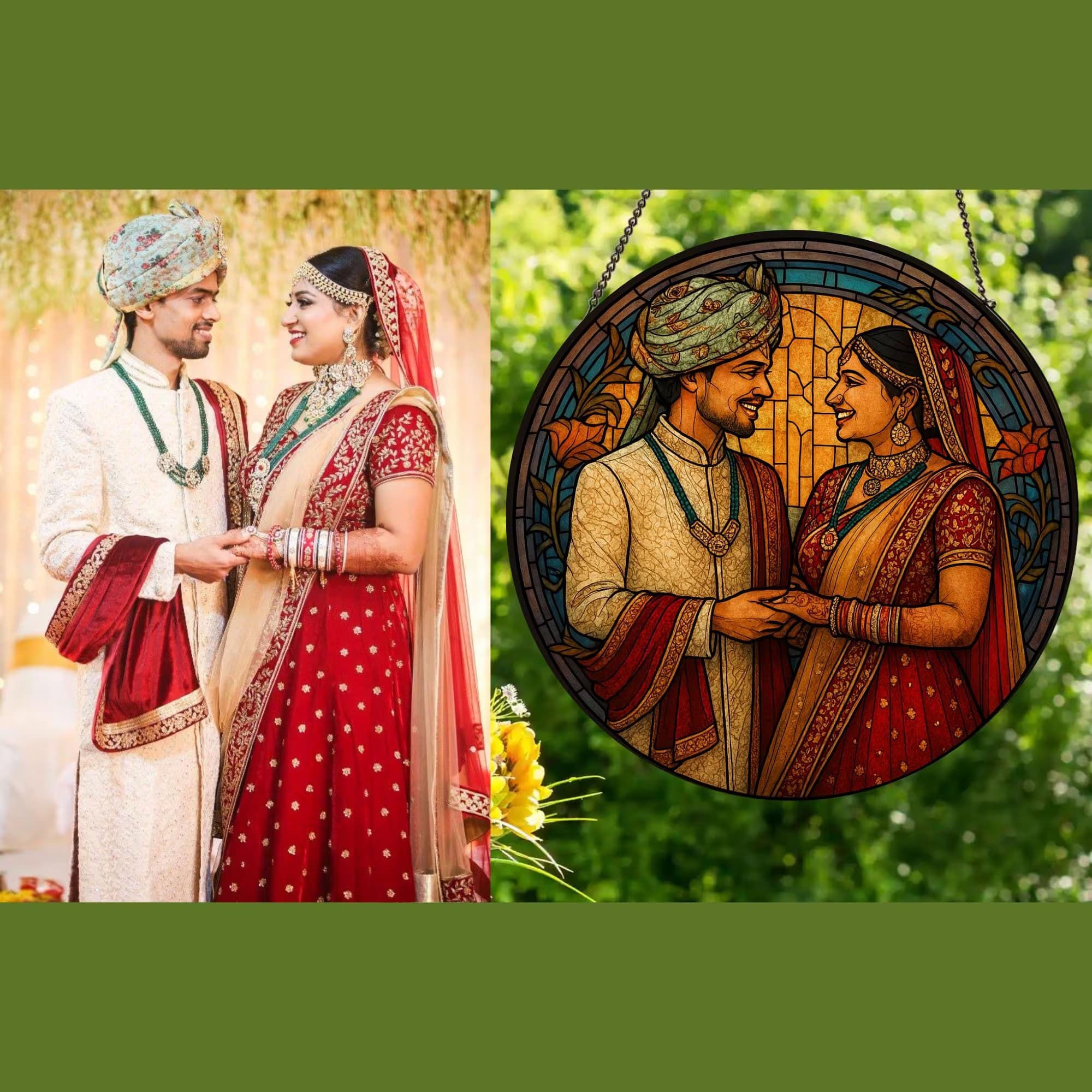 Wedding couple photo reimagined as a round stained glass style suncatcher